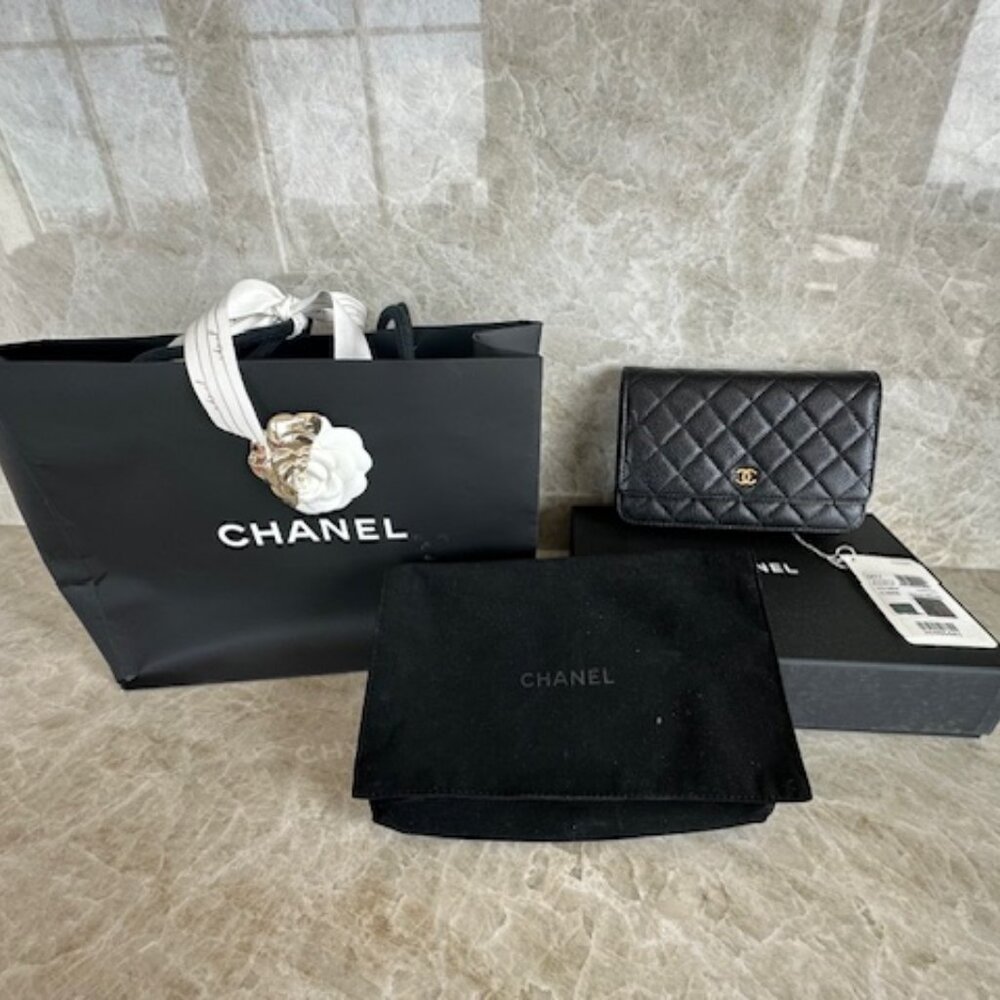 Chanel Lambskin Caviar Black Wallet On Chain Gold Hardware